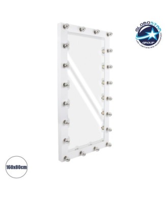 GloboStar® MAKEUP MIRROR-160x80-4 Μοντέρνος Καθρέπτης Μακιγιάζ με Πλαίσιο Φυσικού Ξύλου με Διακόπτη On-Off 20 x E27 AC220-240V - Μ80 x Π7 x Υ160cm - Λευκή Λάκα